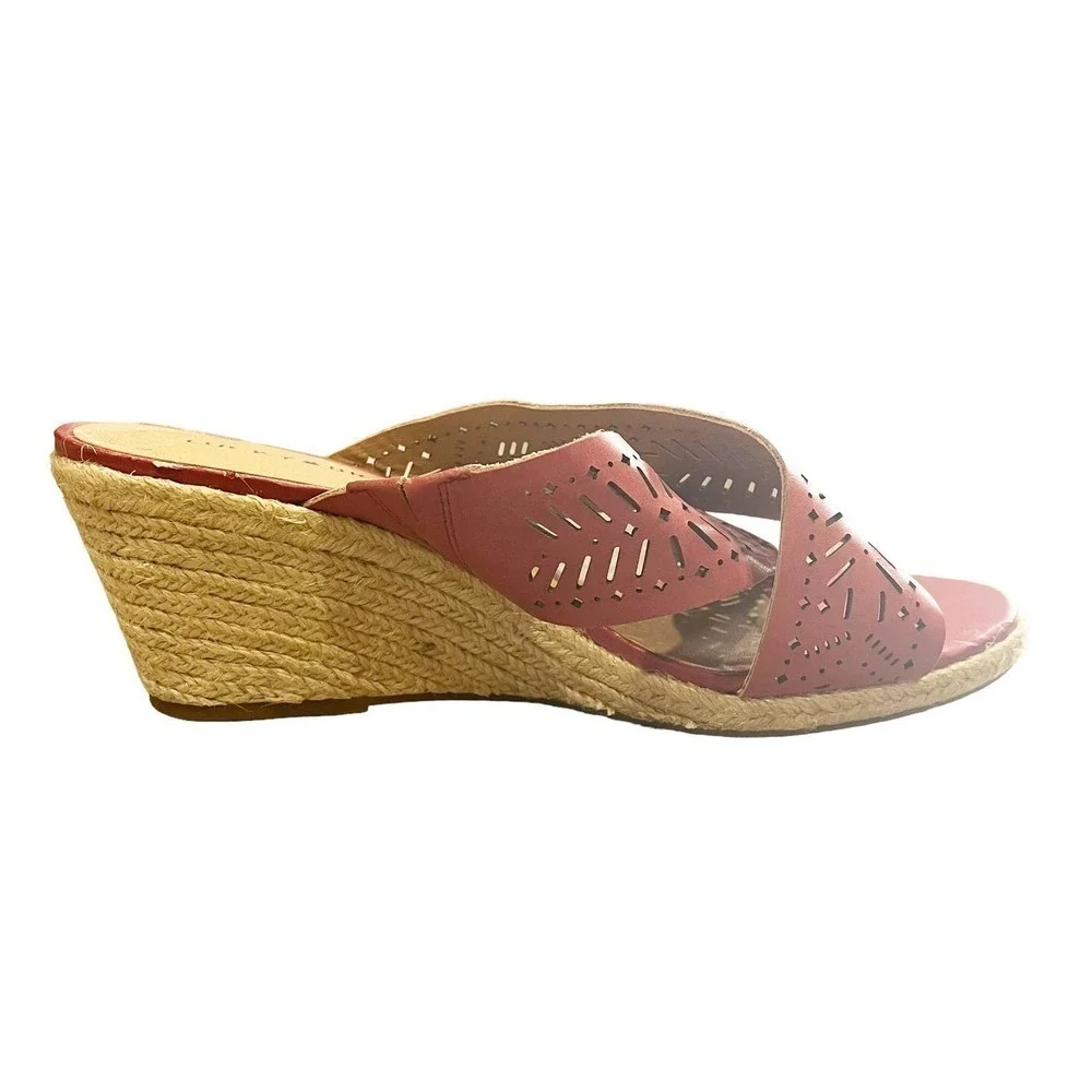 Lucky Brand NWOB Keela Rosewood Open Toe Leather Slip On Wedge Sandals Size 9.5